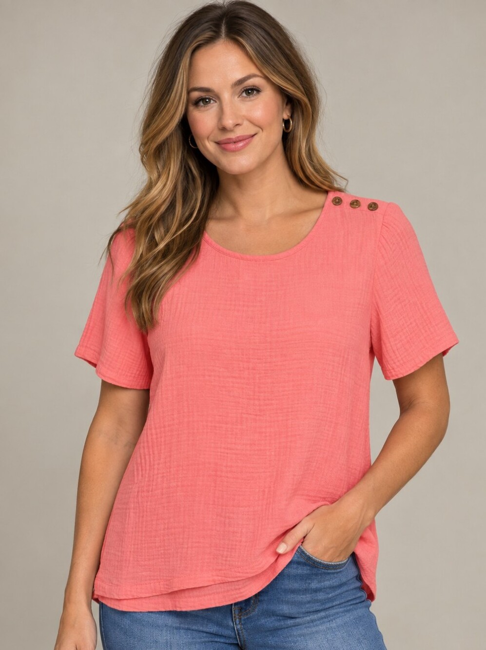 Appleseed's Women's Pink Cotton Gauze Short Sleeve Top with Shoulder Buttons